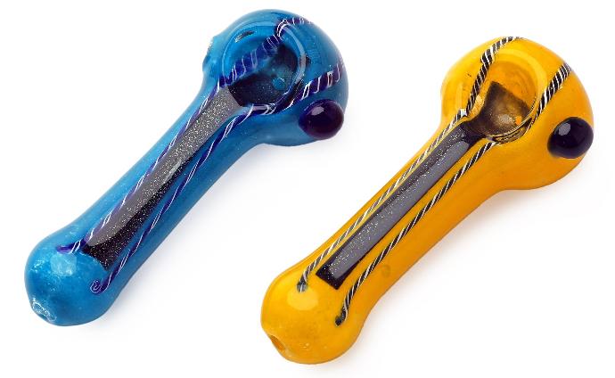 Glaspfeifen, Handpipe Bucket, 3 Blue + 3 Yellow